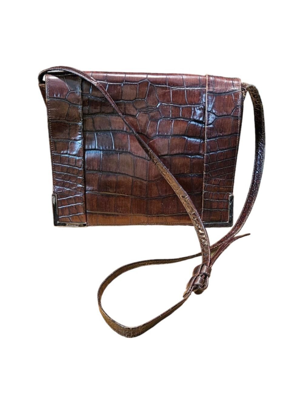 Sharif Brown Leather Crocodile Embossed Crossbody Bag